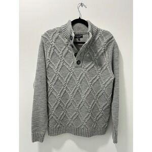 Mens Gray Cable Knit Wool Blend Button‎ Mock Neck Sweater Made in Italy Medium